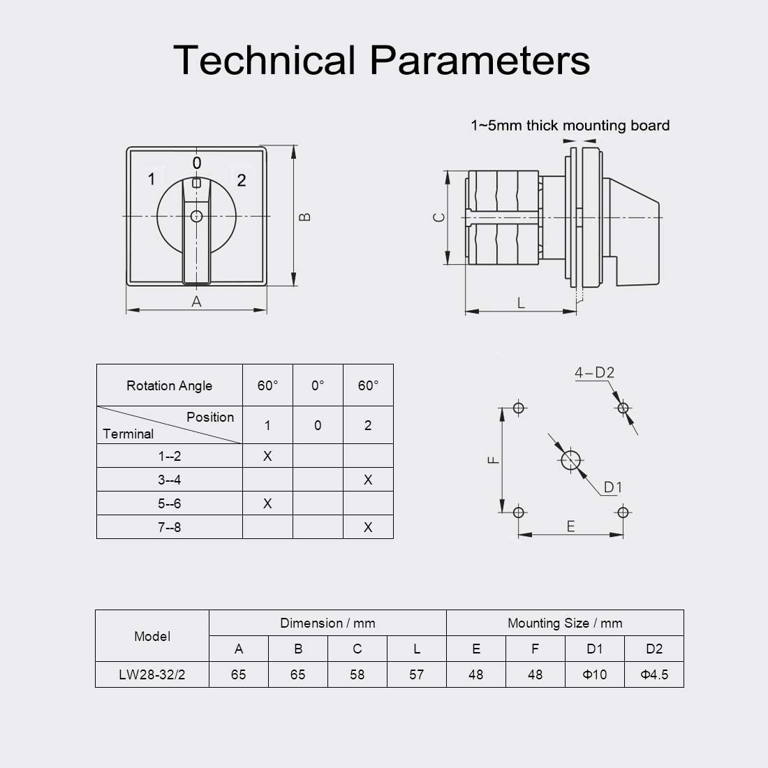 Changeover Control Rotary Switch 20A On-Off-On 3 Positions