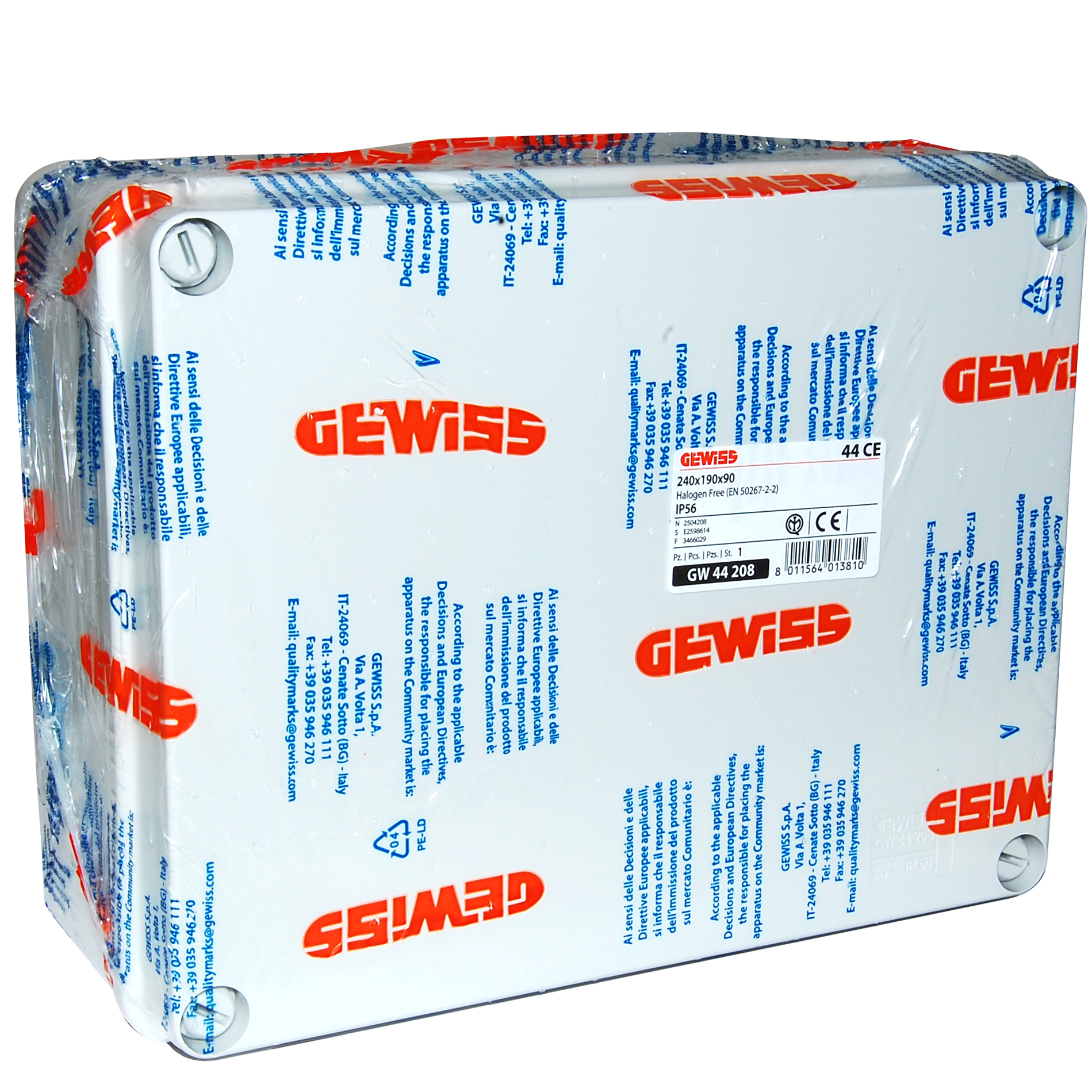GW44208 JUNCTION BOX WITH PLAIN SCREWED LID - IP56 - INTERNAL DIMENSIONS 240X190X90 - SMOOTH WALLS - GREY RAL 7035