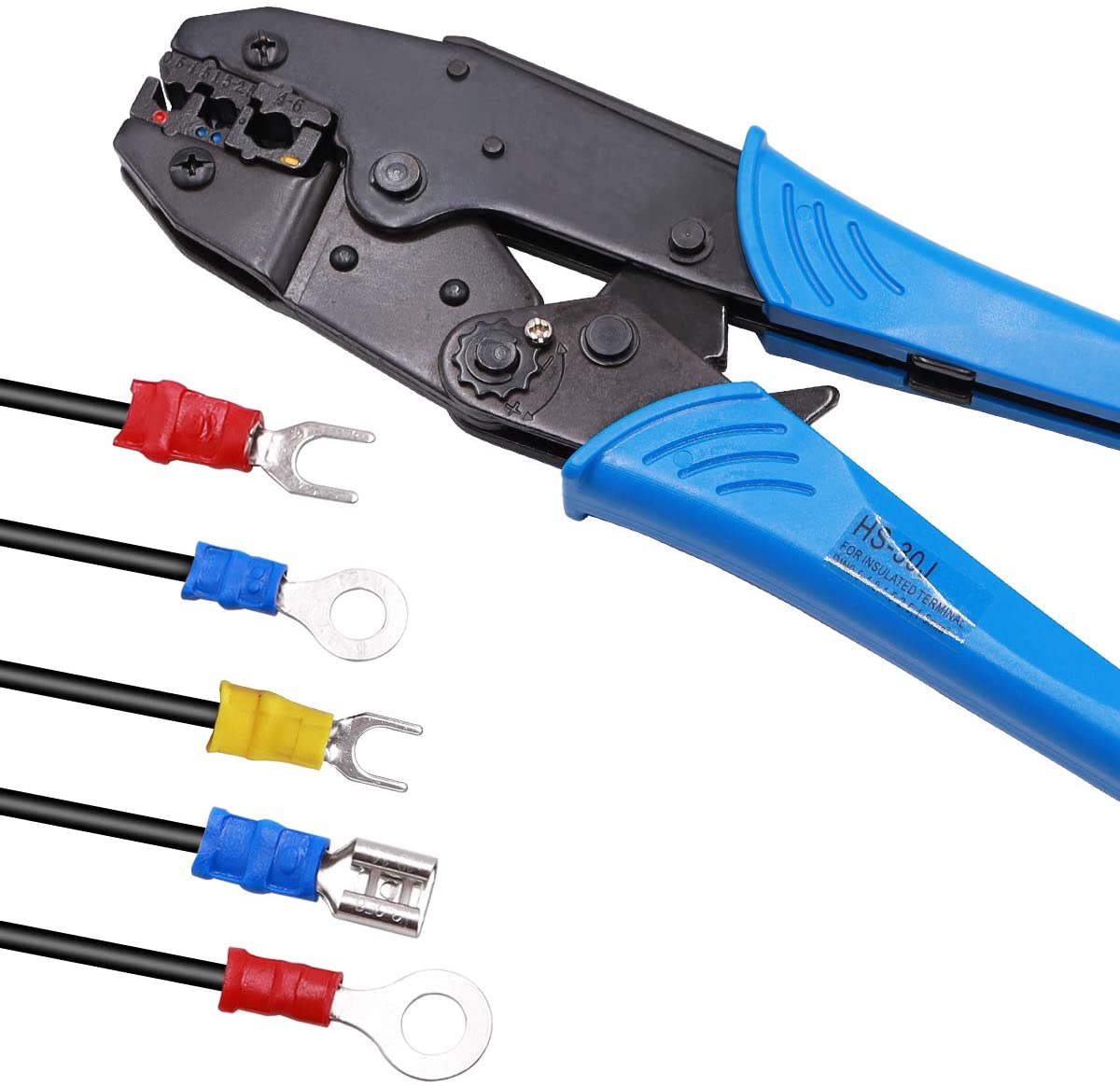 HS-30J Ratchet Crimping Tool Used to Crimp 0.5-6mm² （AWG22-10） for Insulated Terminal Butt/Bullet/Ring/Fork/Spade Terminal Connectors Crimping Pliers Termial Crimping Tools HS-30J