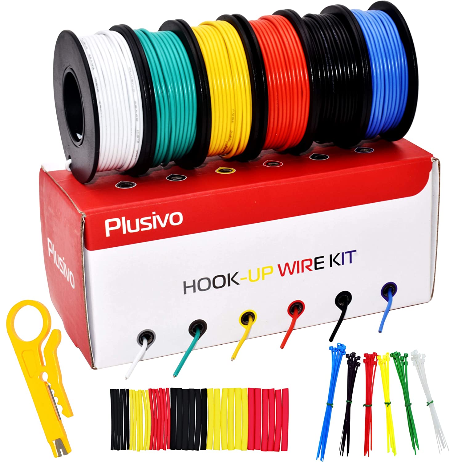 Wire Solid Core Hookup Wires - Pre-Tinned, PVC Coated Copper Wires 6 Colors (Black, Red, Yellow, Green, Blue, White) 25 or 50m Each