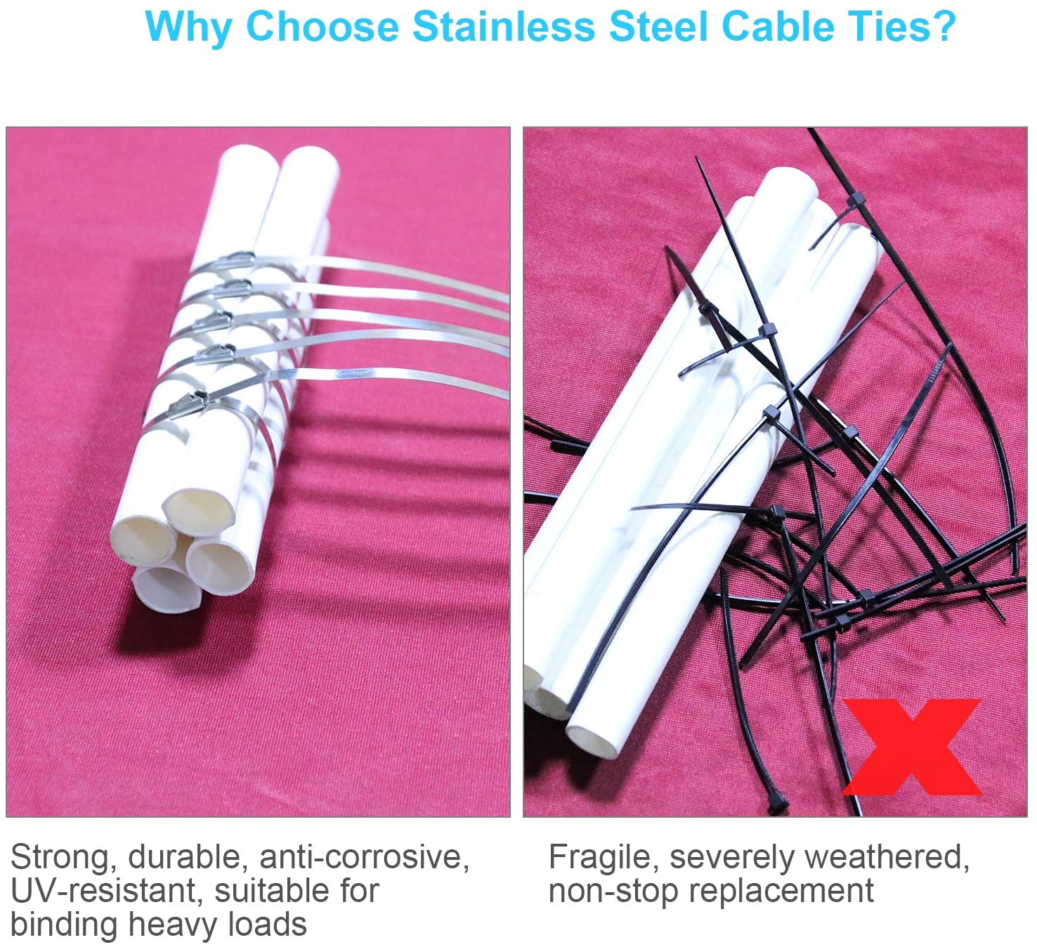 Stainless Steel, Multi-purpose Heavy Duty Self-locking Cable Ties,Suitable for Exhaust Wrapping, Fence, Outdoor and Canopy Etc. Size : 4.6x100, 4.6x150, 4.6x200, 4.6x300, 4.6x400, 4.6x500, 7.6x600, 7.6x800, 7.6x1000