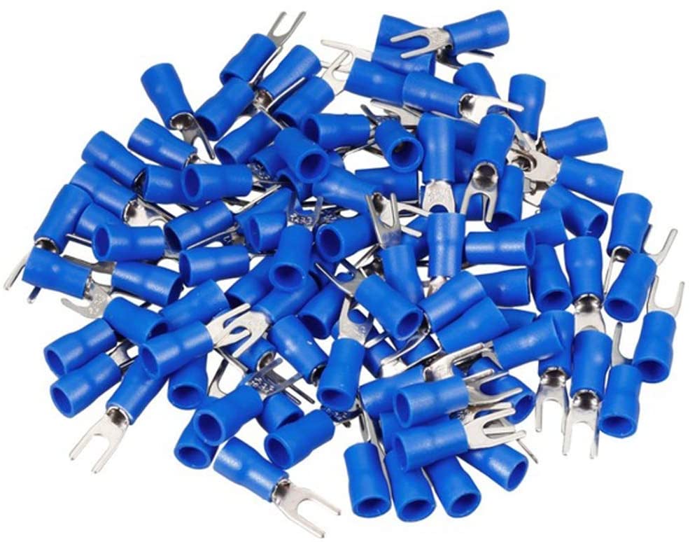 100pcs Fork Terminals Insulated Fork Spade U-Type Wire Connector Electrical Cable Crimp Terminals. Size: 1.25, 2.25, 5.5