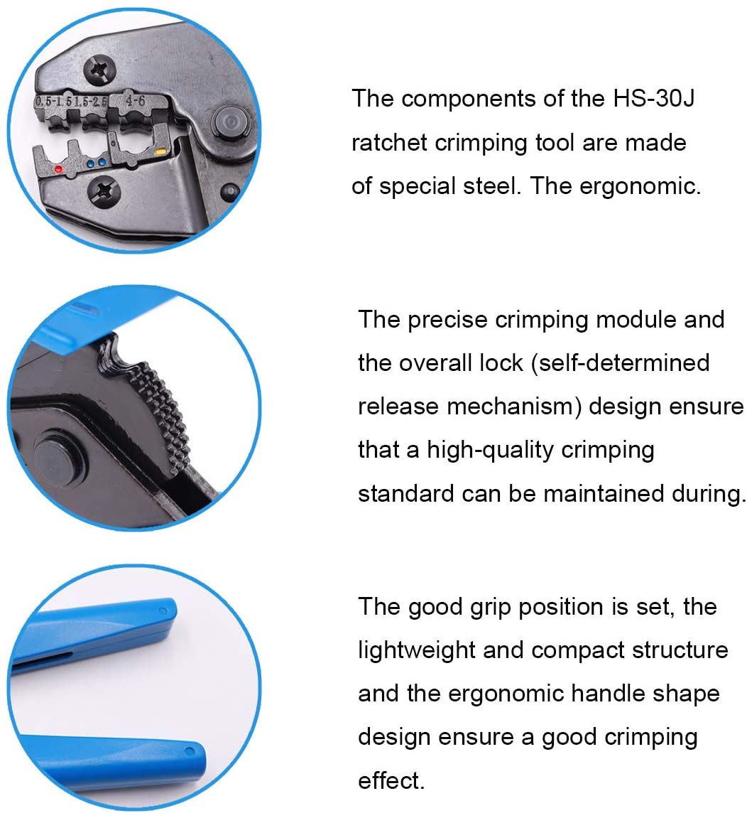 HS-30J Ratchet Crimping Tool Used to Crimp 0.5-6mm² （AWG22-10） for Insulated Terminal Butt/Bullet/Ring/Fork/Spade Terminal Connectors Crimping Pliers Termial Crimping Tools HS-30J